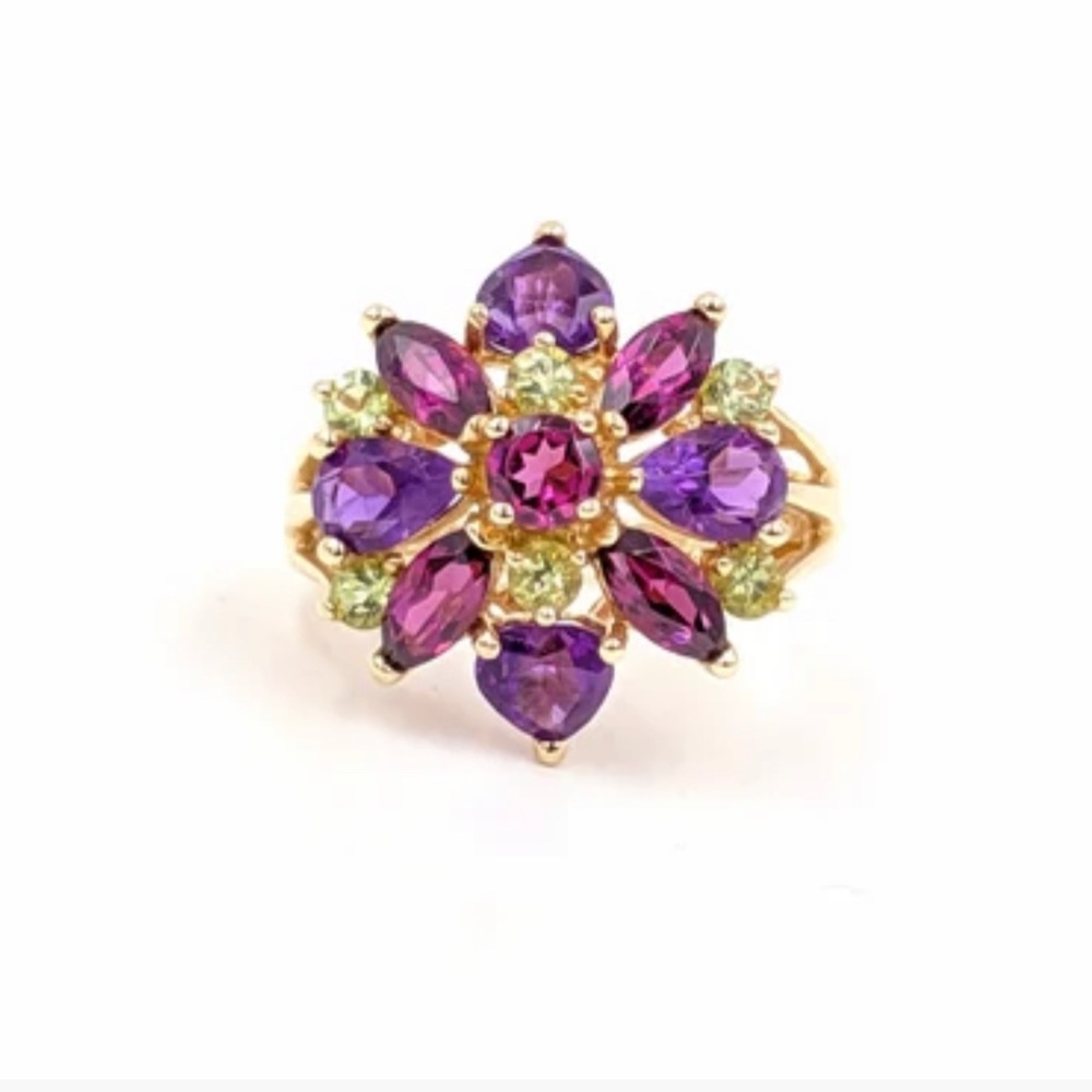 🍁 10KT YELLOW GOLD AMETHYST, PERIDOT & RHODOLITE GARNET FLOWER CLUSTER RING - Picture 6 of 12